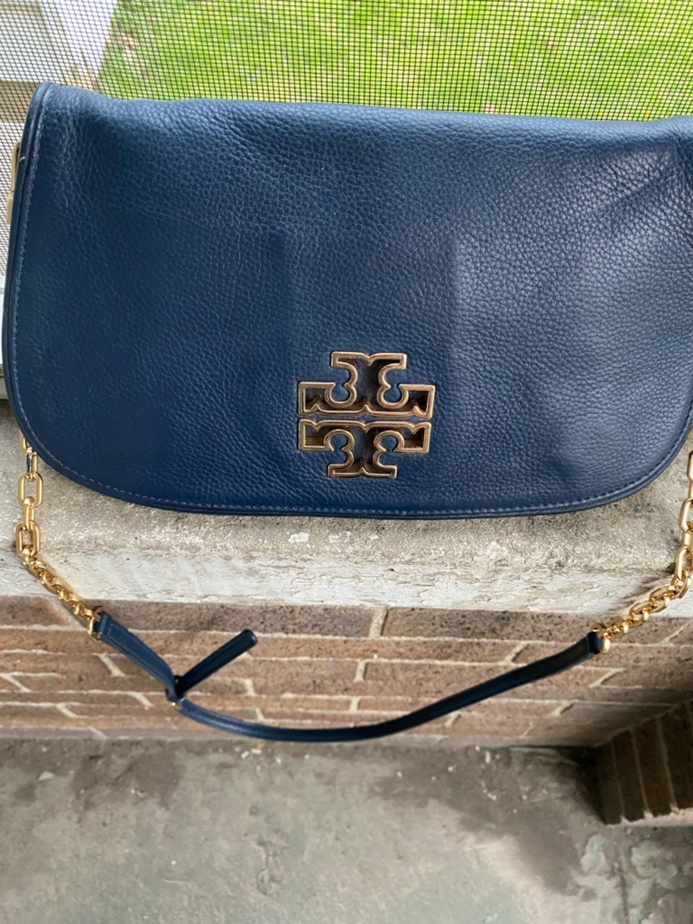 Tory Burch Deep Blue Leather Crossbody with Gold Logo Hardware